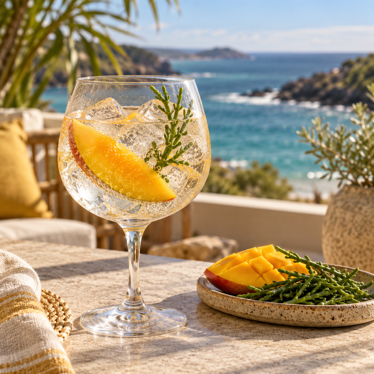Departed Spirits Salted Mango Gin served with Double Dutch Skinny Tonic Water, garnished with Mango Slice and Samphire Sprig