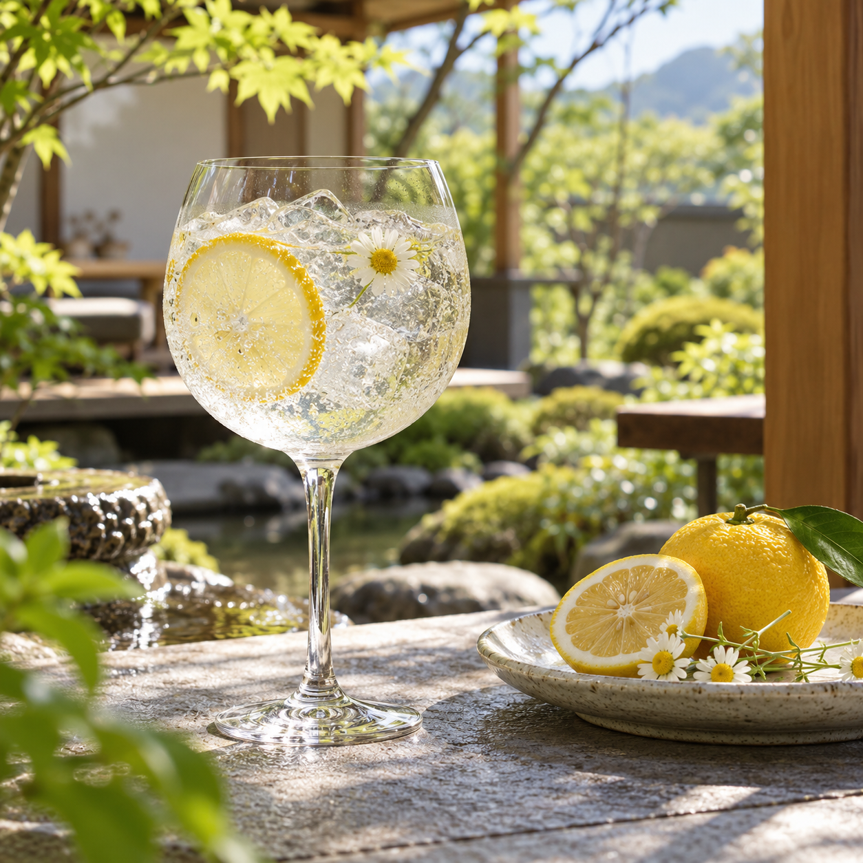 Departed Spirits Yuzu Gin servi avec Franklin & Sons Refreshingly Light Tonic, agrémenté de rondelle de yuzu et fleur de fleur de camomille