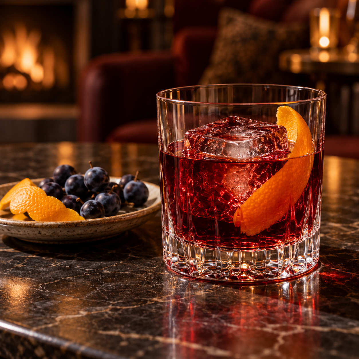 Boatrocker Sloe Gin served, garnished with Orange Peel and Sloe Berries
