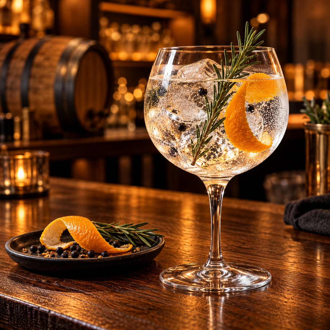 Boatrocker Barrel Aged Rye Gin served with Thomas Henry Dry Tonic, garnished with Orange twist and Rosemary Sprig