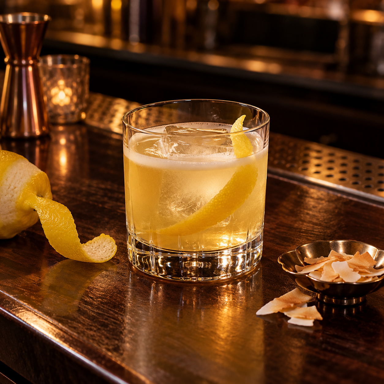 Boatrocker Barrel Aged Gin served, garnished with Lemon twist