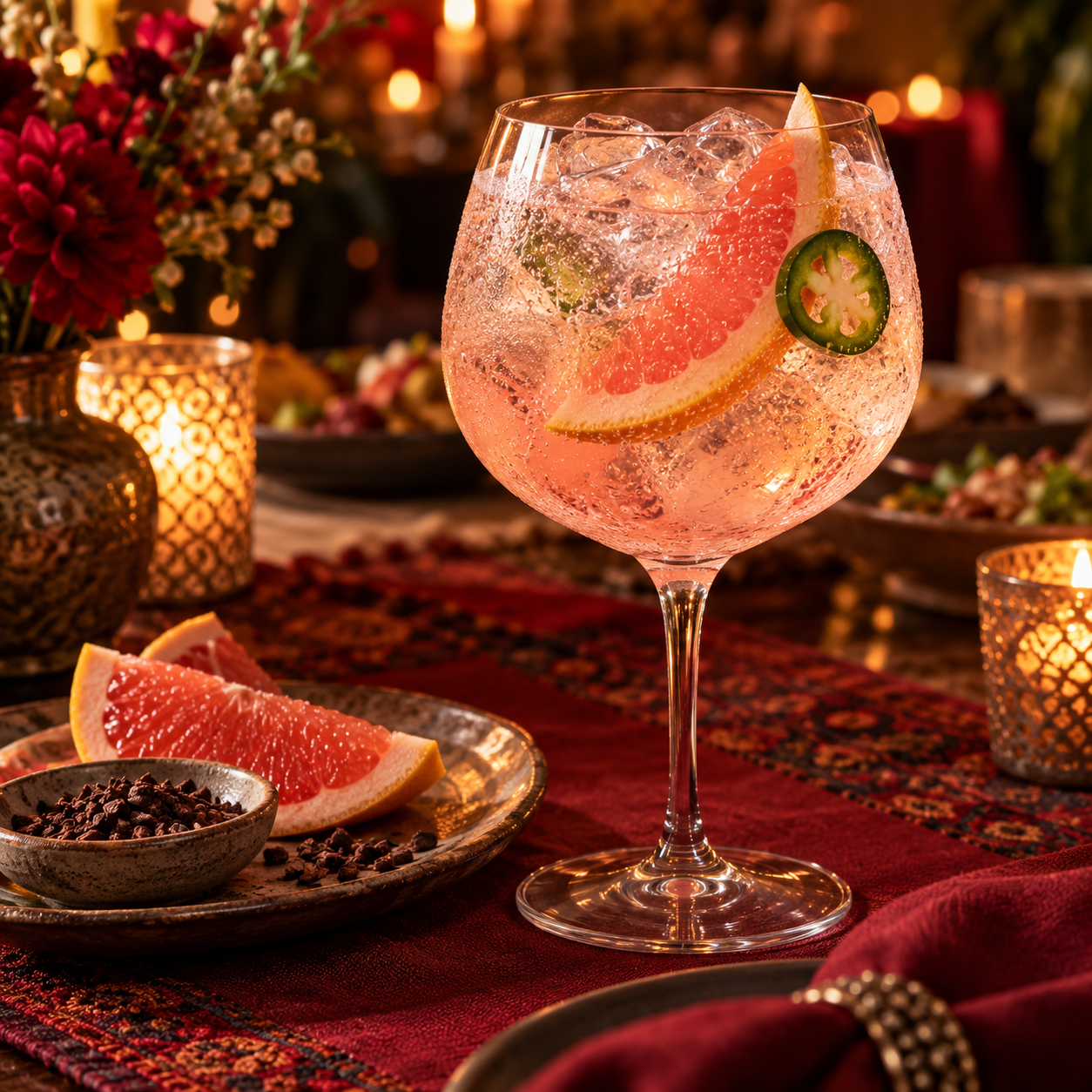 Boatrocker Feliz Navidad Christmas Gin served with StrangeLove Salted Grapefruit, garnished with Pink Grapefruit Twist and Jalapeño Ring