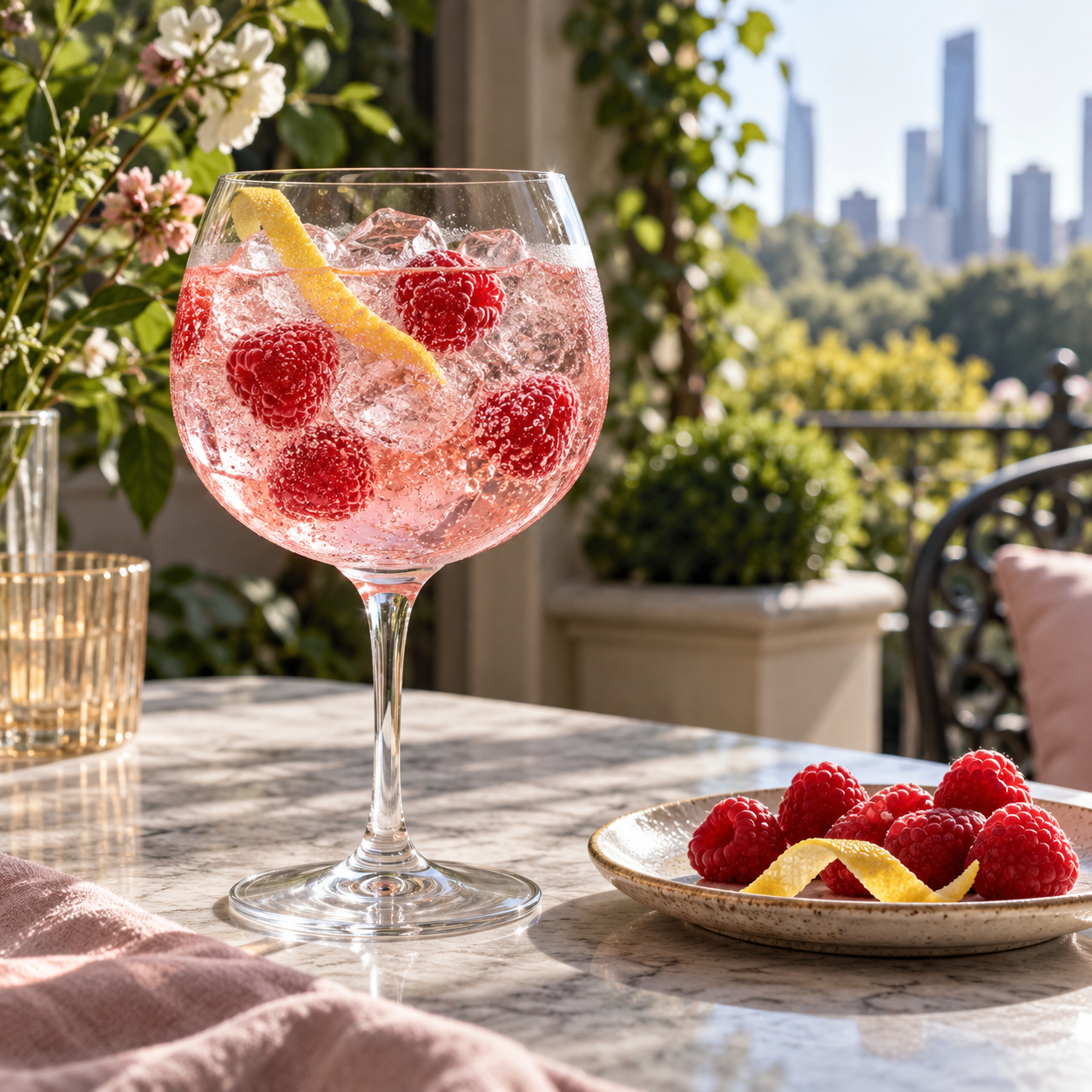Boatrocker Raspberry Gin served with Fentimans Pink Grapefruit Tonic Water, garnished with Fresh Raspberries and Lemon Peel