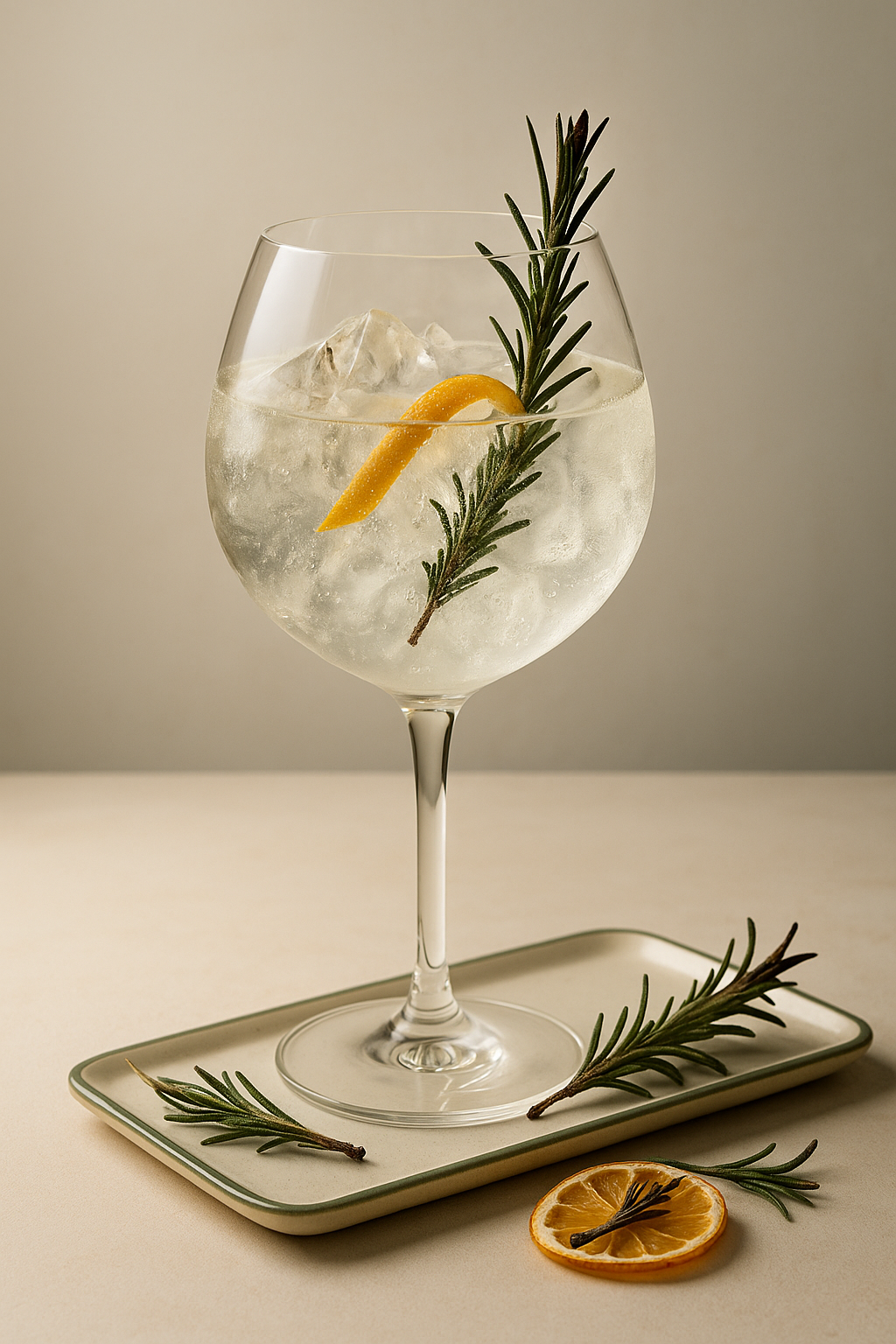 1836 Organic Barrel Aged Gin served with Fentimans Connoisseurs Tonic Water, garnished with lightly singed rosemary sprig