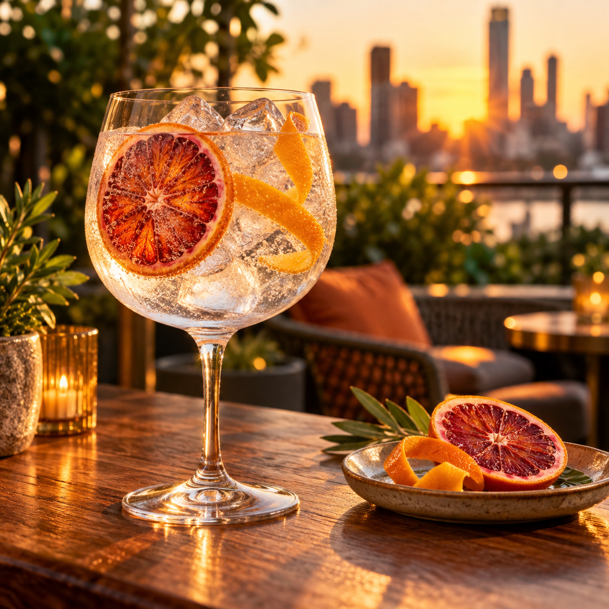 Boatrocker Original Gin served with Q Drinks Q Indian Tonic Water, garnished with Blood Orange Wheel and Orange Peel
