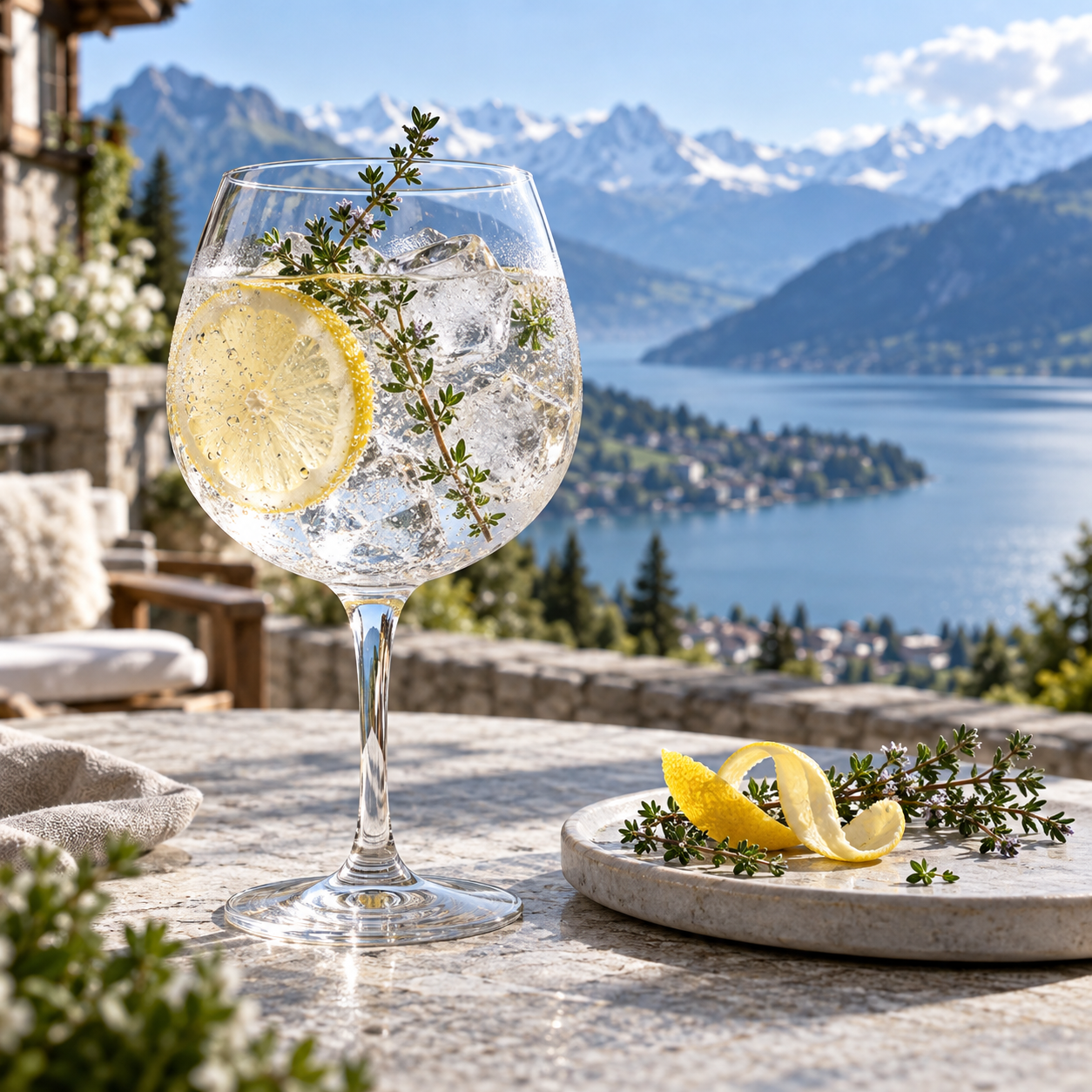 Veyrat Gin Alpin served with Fever-Tree Indian Tonic Water, garnished with Lemon Wheel and Aromatic Alpine Herbs