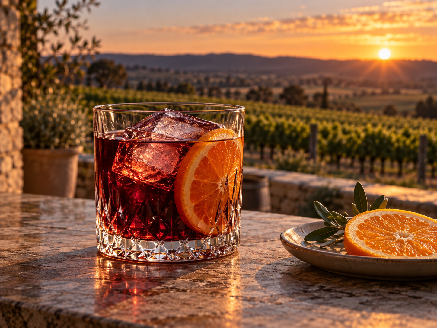 Threefold Shiraz Gin served, garnished with Orange Slice