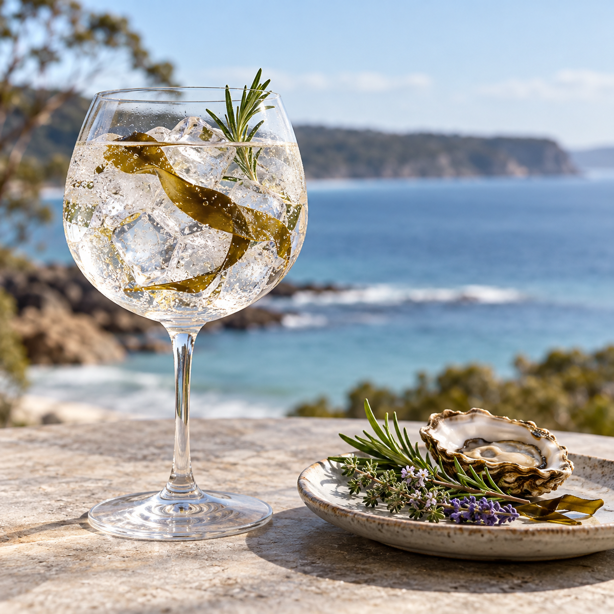 Tara Oyster Catcher Gin served with Fever-Tree Mediterranean Tonic Water, garnished with Sea Kelp and Oyster Shell