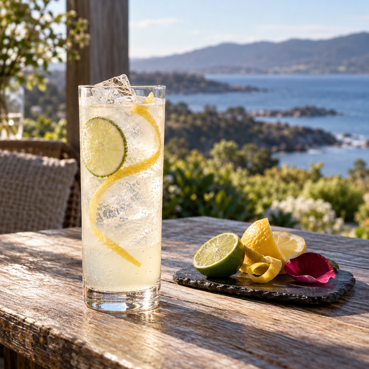 Strange Omen Small Batch Gin served with Fever-Tree Premium Soda Water, garnished with Lime Wheel and Lemon Peel