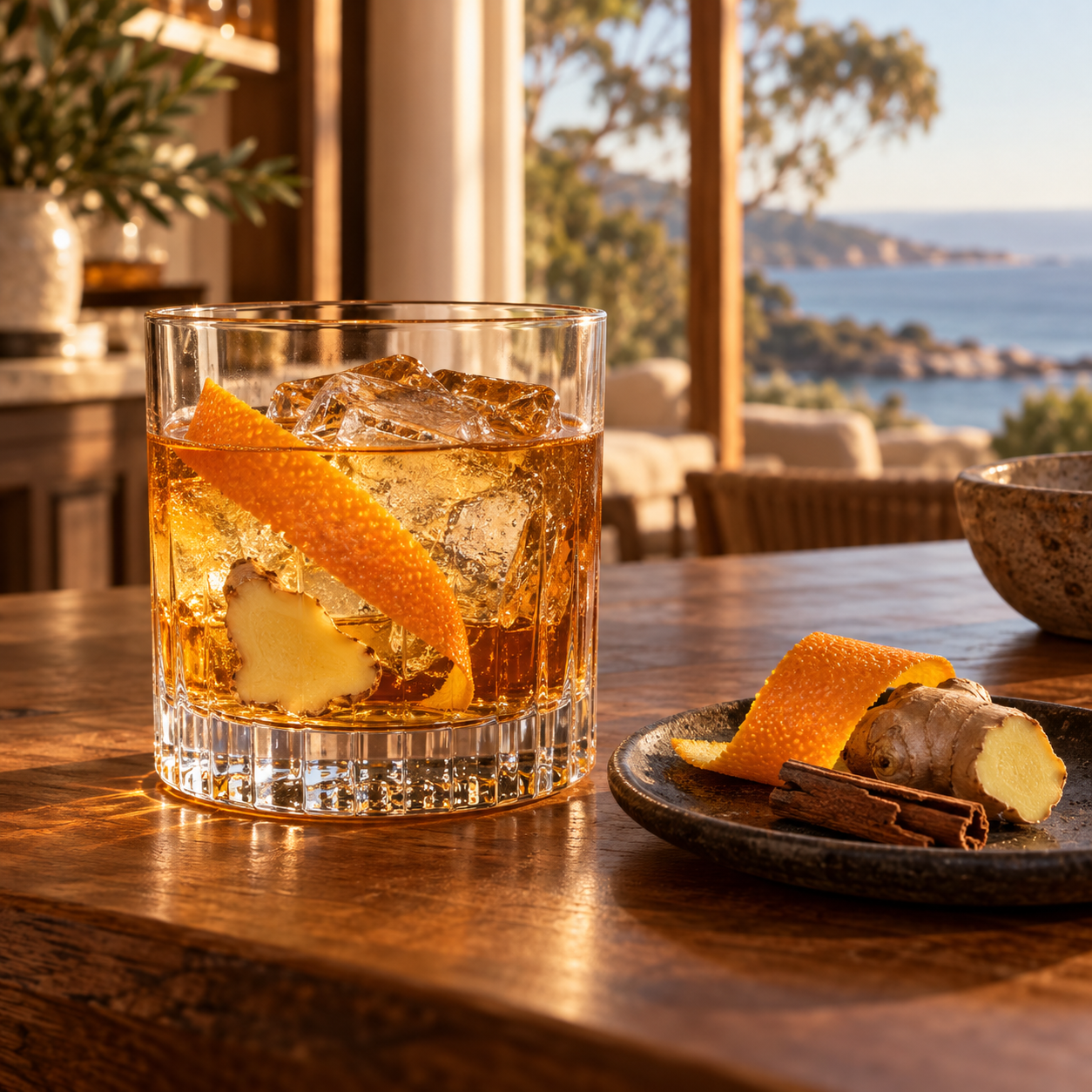Tara Barrel Aged Gin served, garnished with Orange Peel and Fresh Ginger