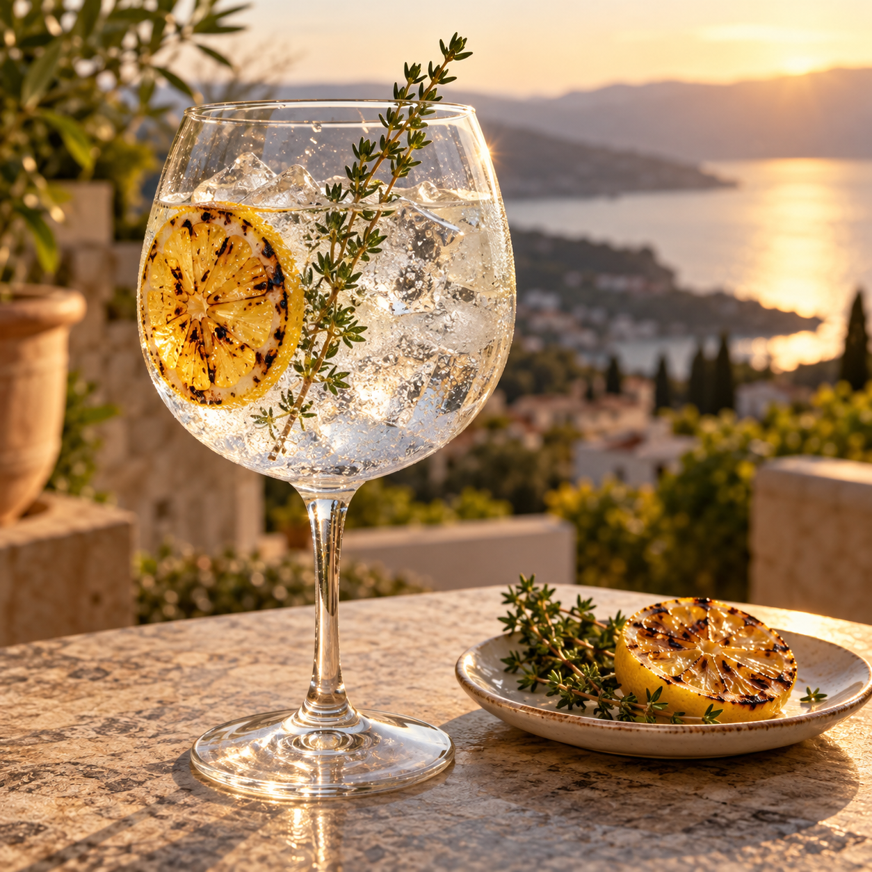 Southward Charred Lemon Gin served with Fever-Tree Sicilian Lemon Tonic, garnished with Charred Lemon Wheel and Lemon twist