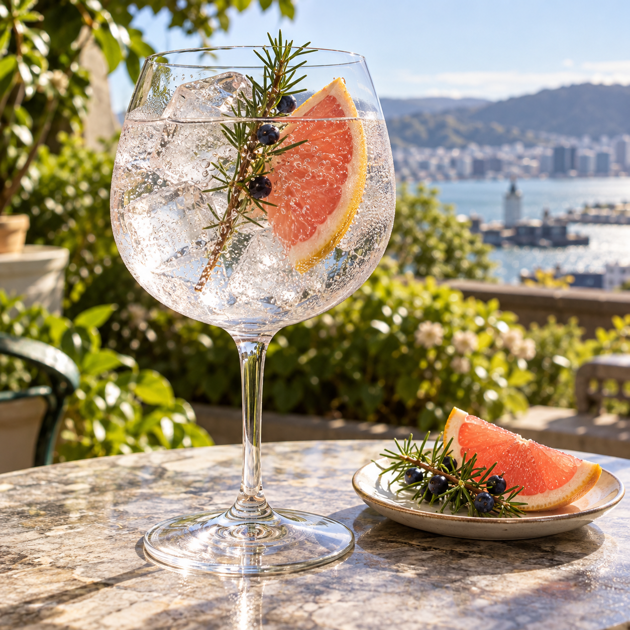 Southward Grapefruit Gin served with Q Drinks Q Indian Tonic Water, garnished with Pink grapefruit wedge and Juniper Sprig