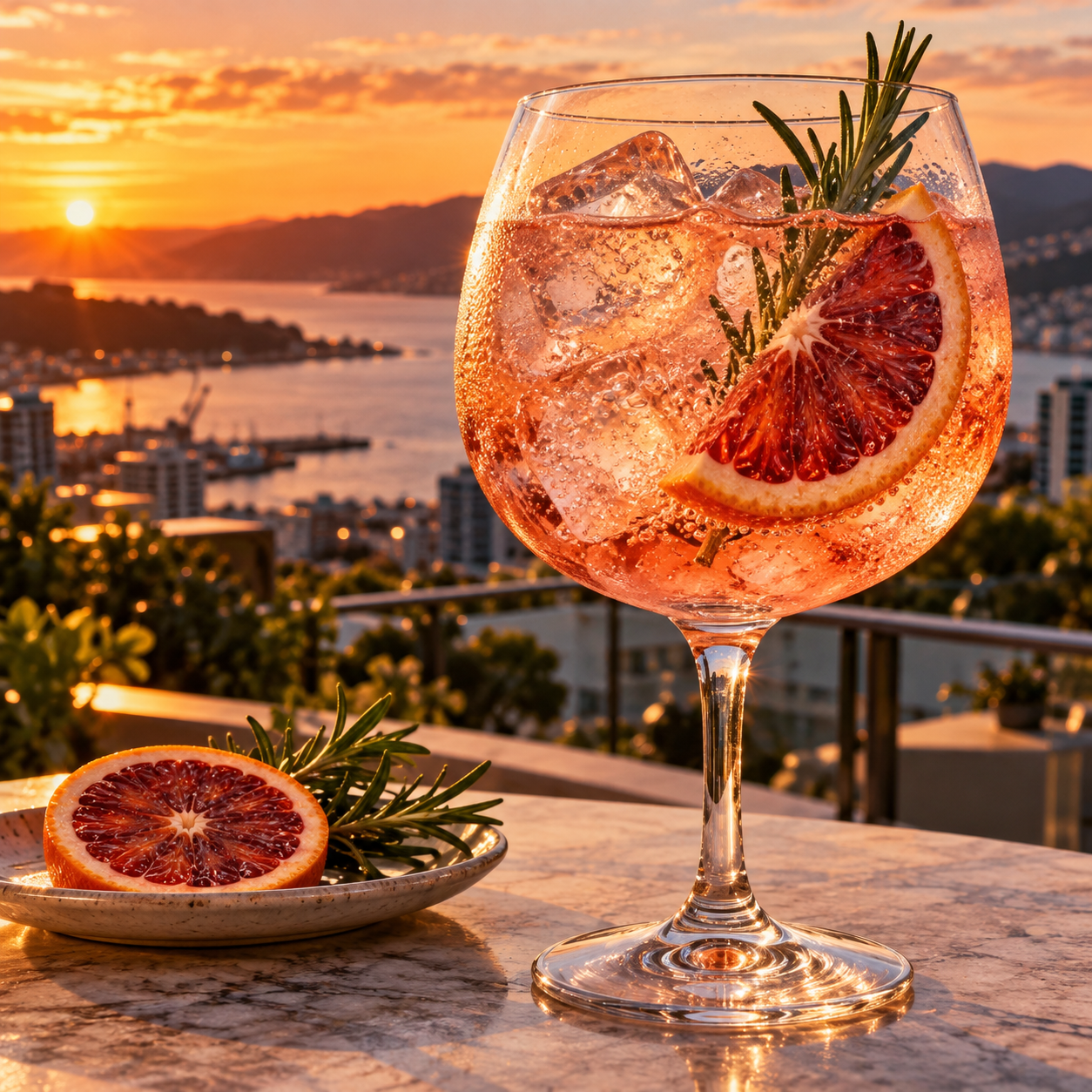 Southward Blood Orange Gin servi avec Fentimans Valencian Orange Tonic Water, agrémenté de rondelle d'orange sanguine et brin de romarin