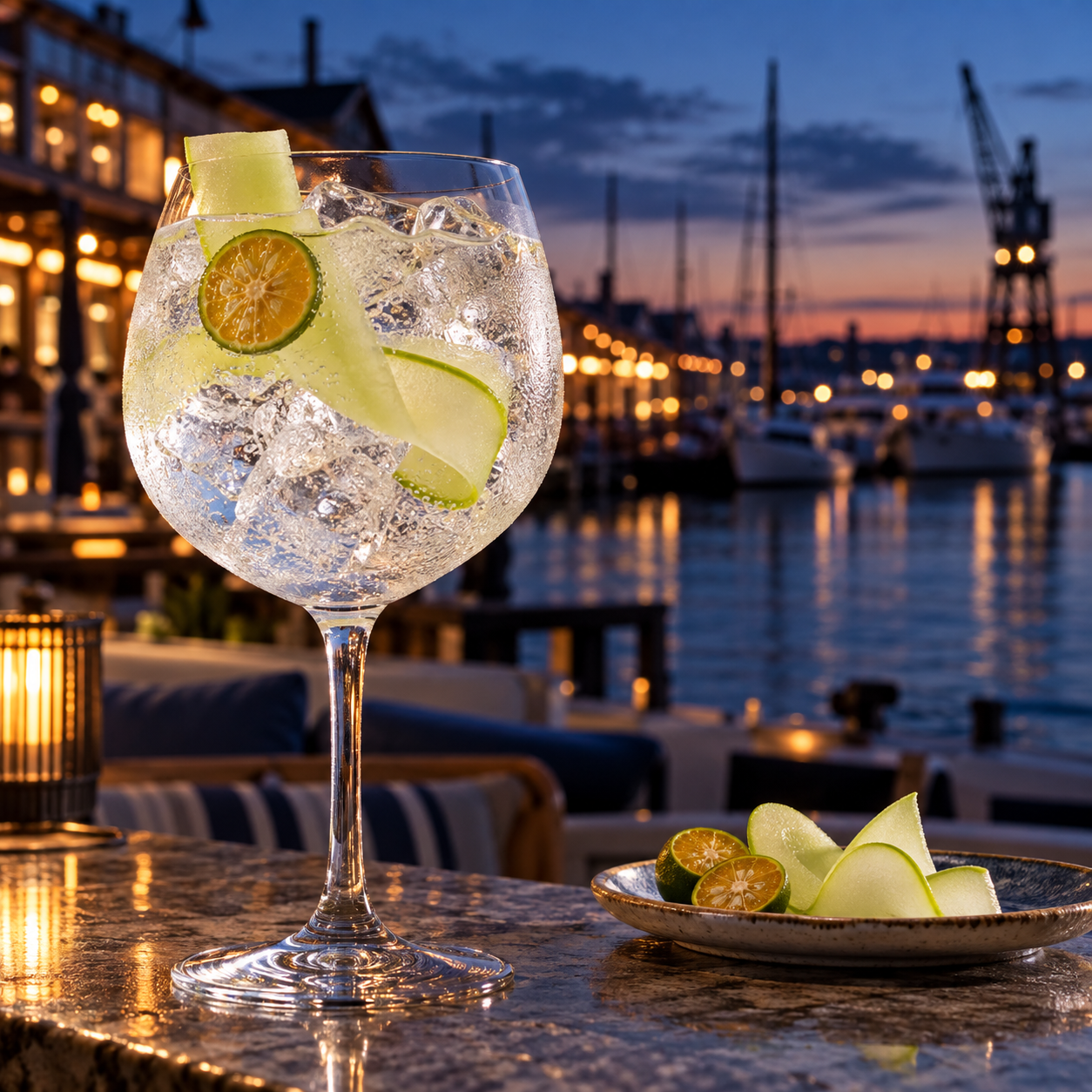 Republic of Fremantle Navy Strength Gin served with Thomas Henry Grapefruit Tonic Water, garnished with Calamansi Wheel and Honeydew Melon Ribbon