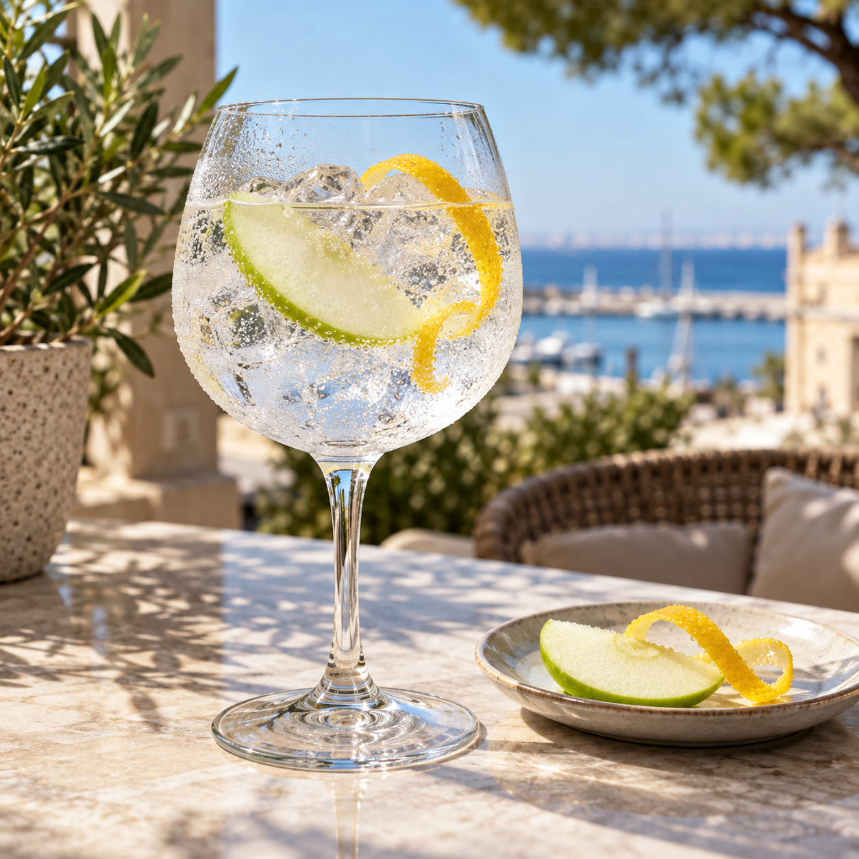 Republic of Fremantle Aromatic Gin served with East Imperial Yuzu Tonic, garnished with Green Apple Slice and Lemon twist