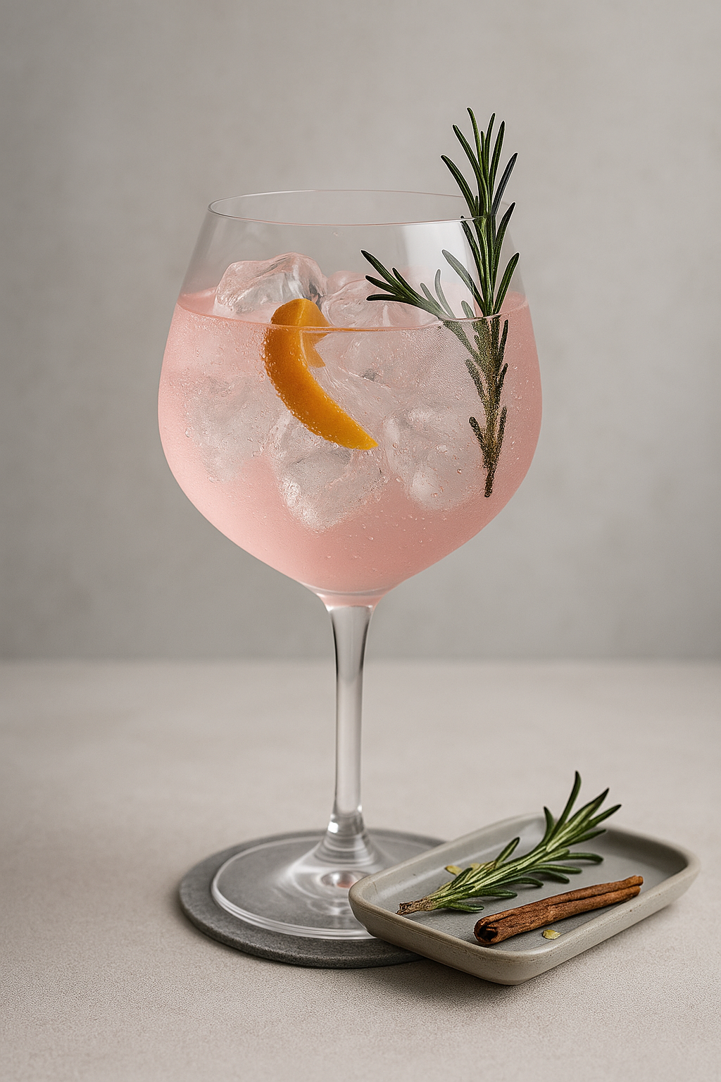 Cin'Kin Gin Cherry served with Thomas Henry Cherry Blossom Tonic, garnished with lightly singed rosemary sprig