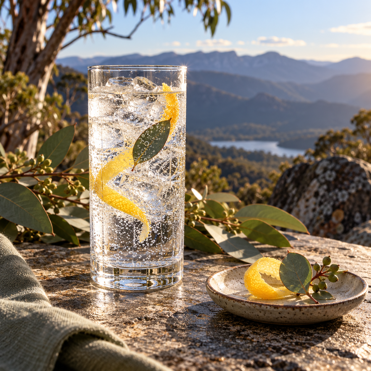 Reed & Co Remedy Australian Dry Gin served with Franklin & Sons Refreshingly Light Tonic, garnished with Lemon twist and Lemon Thyme Sprig