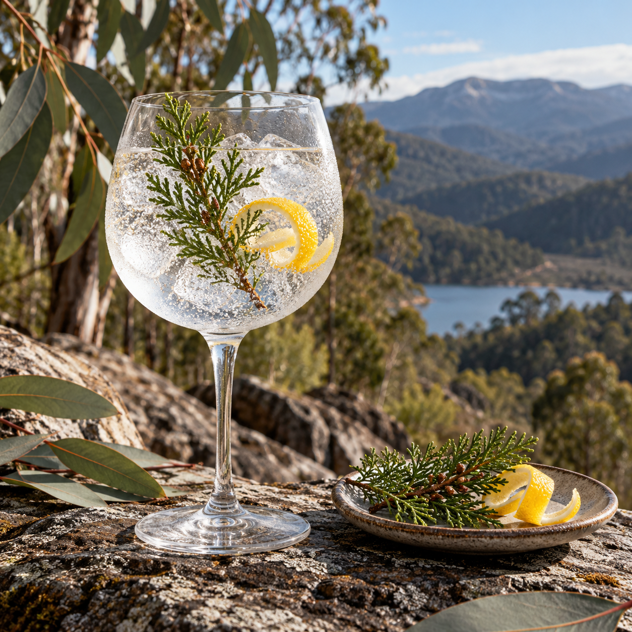 Reed & Co Saint Juni Juniper Dry Gin served with Fentimans Herbal Tonic Water, garnished with Lemon Peel and Cedar Sprig