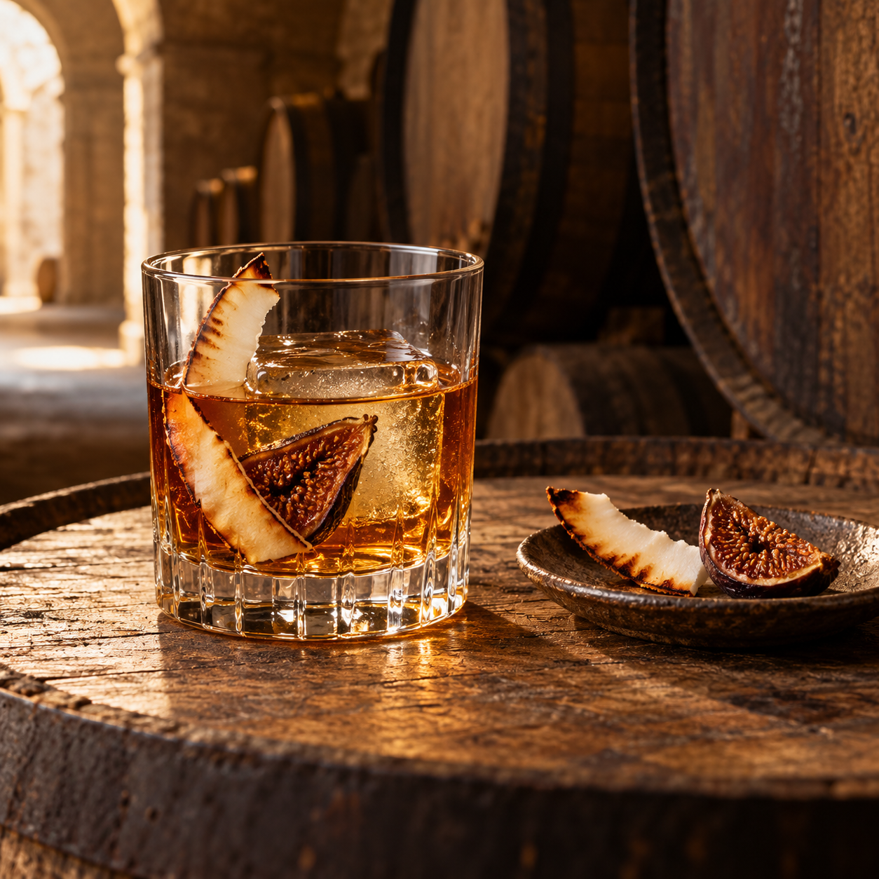 Puss & Mew Honey Coconut Barrel Aged Gin served with Thomas Henry Spicy Ginger Beer, garnished with Toasted Coconut Shard and Dried fig