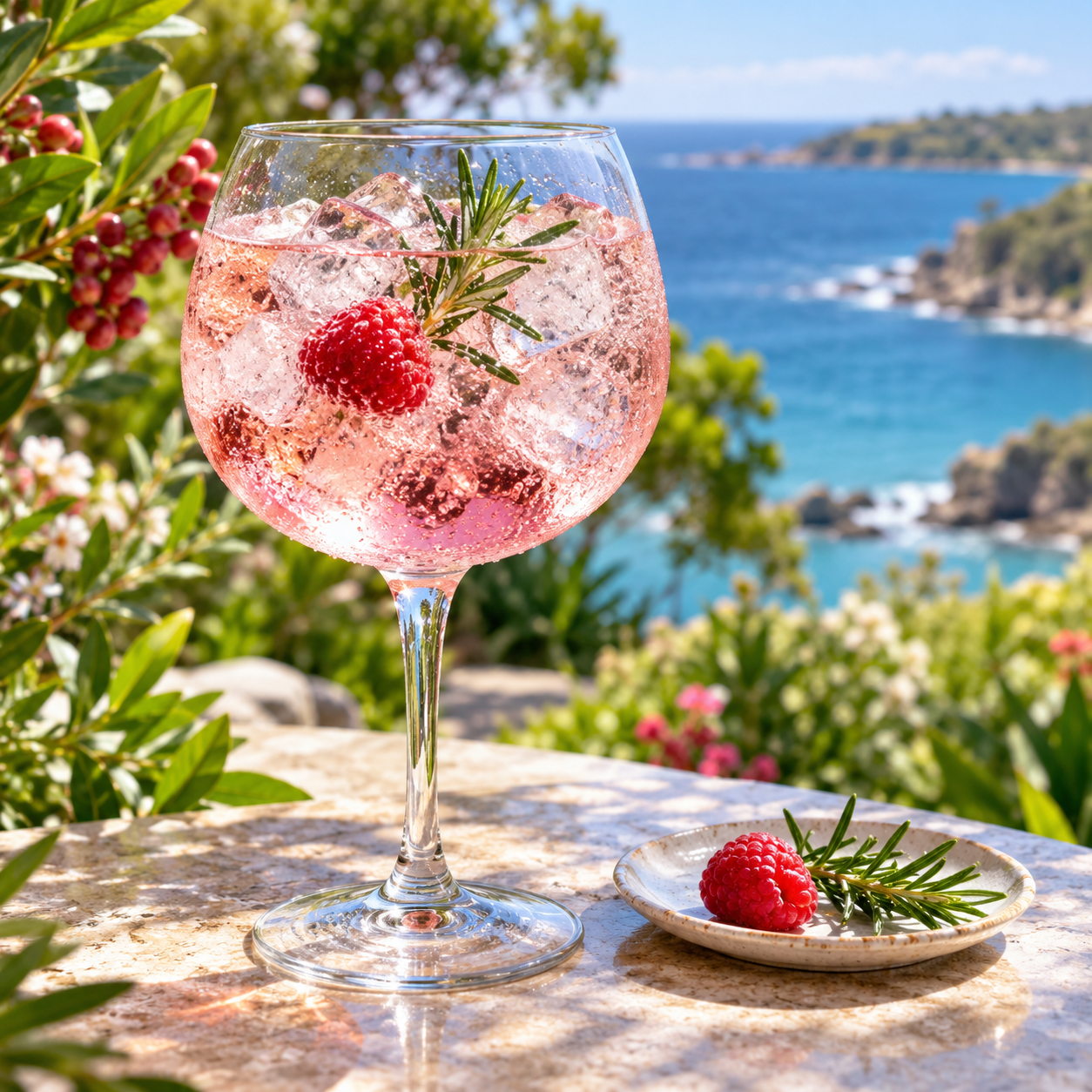 Puss & Mew Berry Harvest Gin served with Fever-Tree Raspberry & Rhubarb Tonic, garnished with Fresh raspberry and Rosemary Sprig