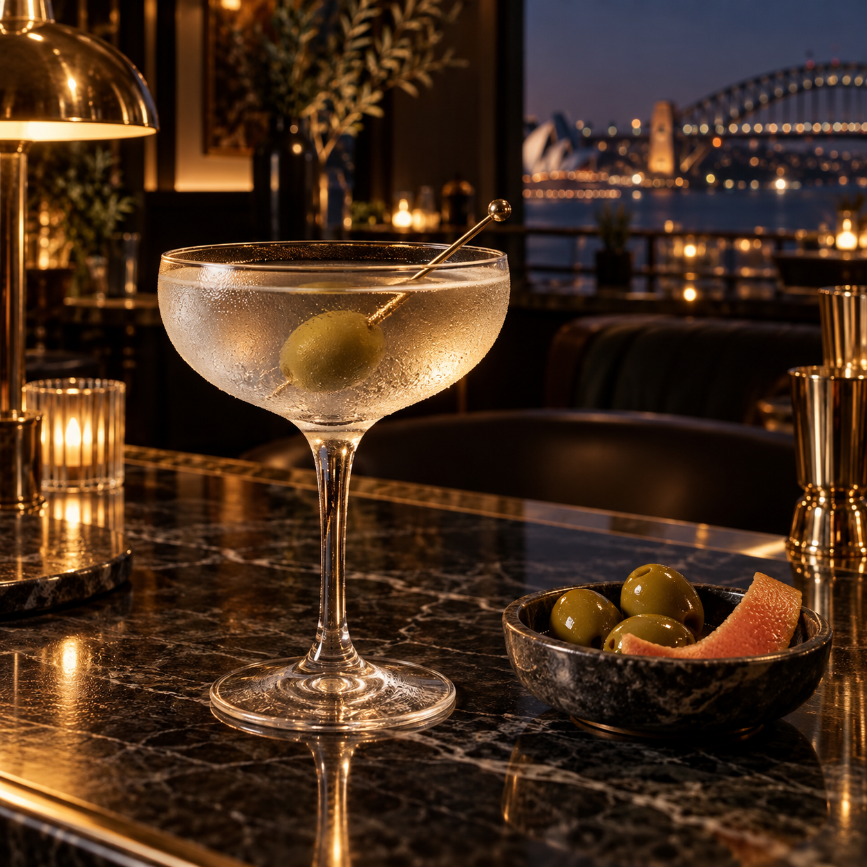 Poor Toms Fool's Cut Gin served, garnished with Green Olive and Grapefruit Peel