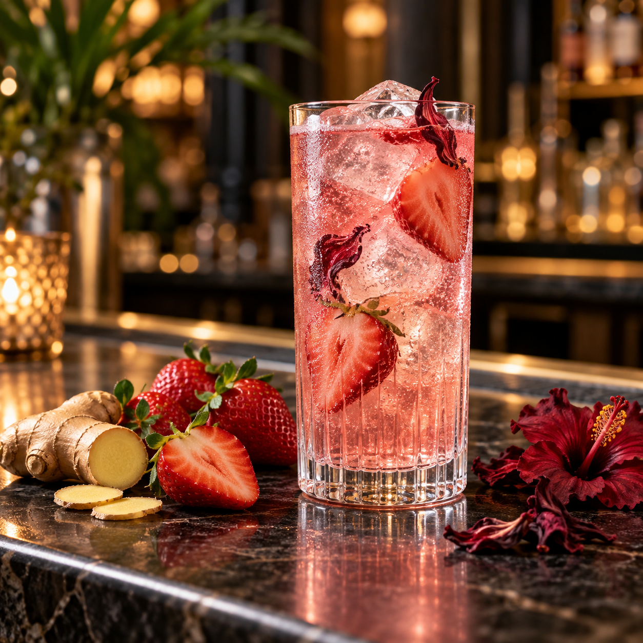 Poor Toms Strawberry Gin served with Fever-Tree Elderflower Tonic Water, garnished with Fresh Strawberry and Hibiscus Flower