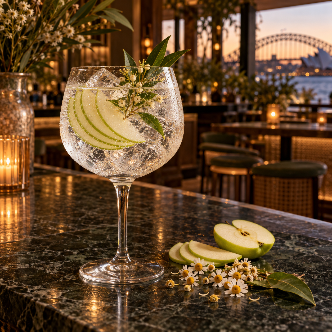 Poor Toms Sydney Dry Gin served with Fentimans Mediterranean Tonic Water, garnished with Strawberry and Granny Smith Apple Slice