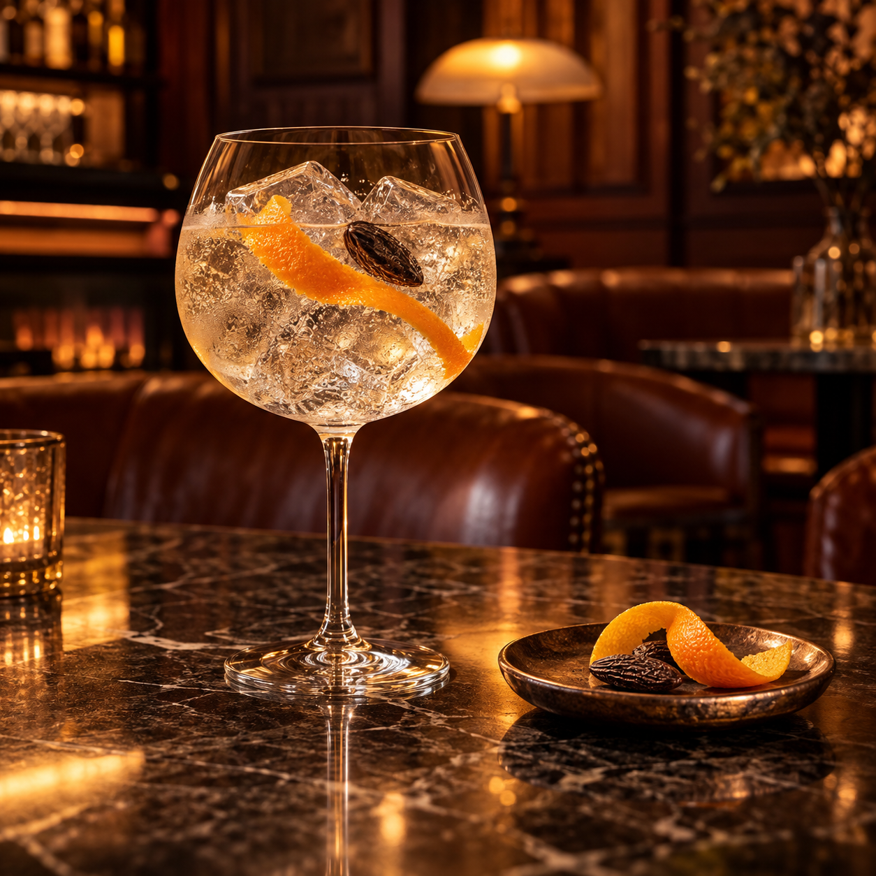 Patient Wolf Whisky Barrel Gin Tonka Reserve served with Thomas Henry Aromatic Tonic Water, garnished with Orange twist and Tonka Bean