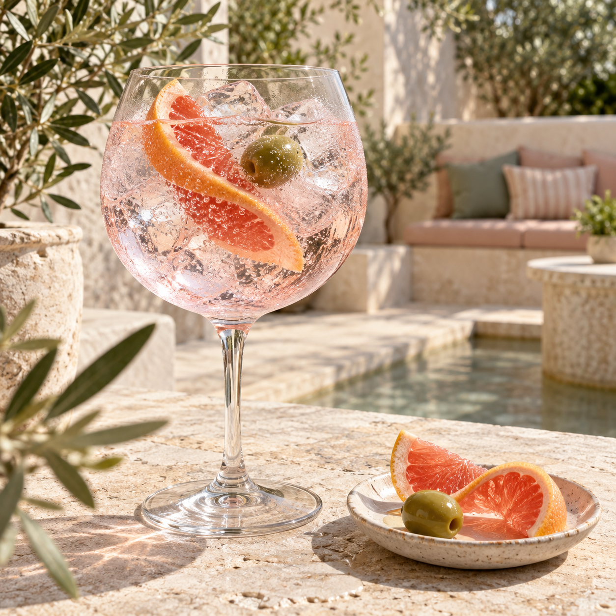 Patient Wolf Pink Lake Gin served with Franklin & Sons Rosemary & Black Olive Tonic Water, garnished with Green Olive and Pink Grapefruit Twist