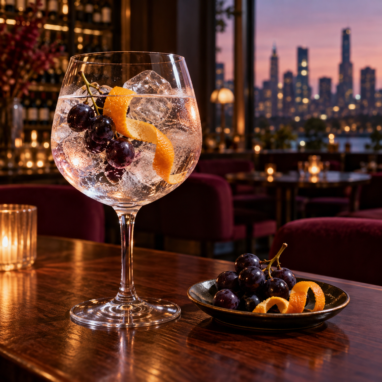 Patient Wolf Pinot Noir Gin served with Thomas Henry Pink Grapefruit, garnished with Dark Grapes and Orange twist