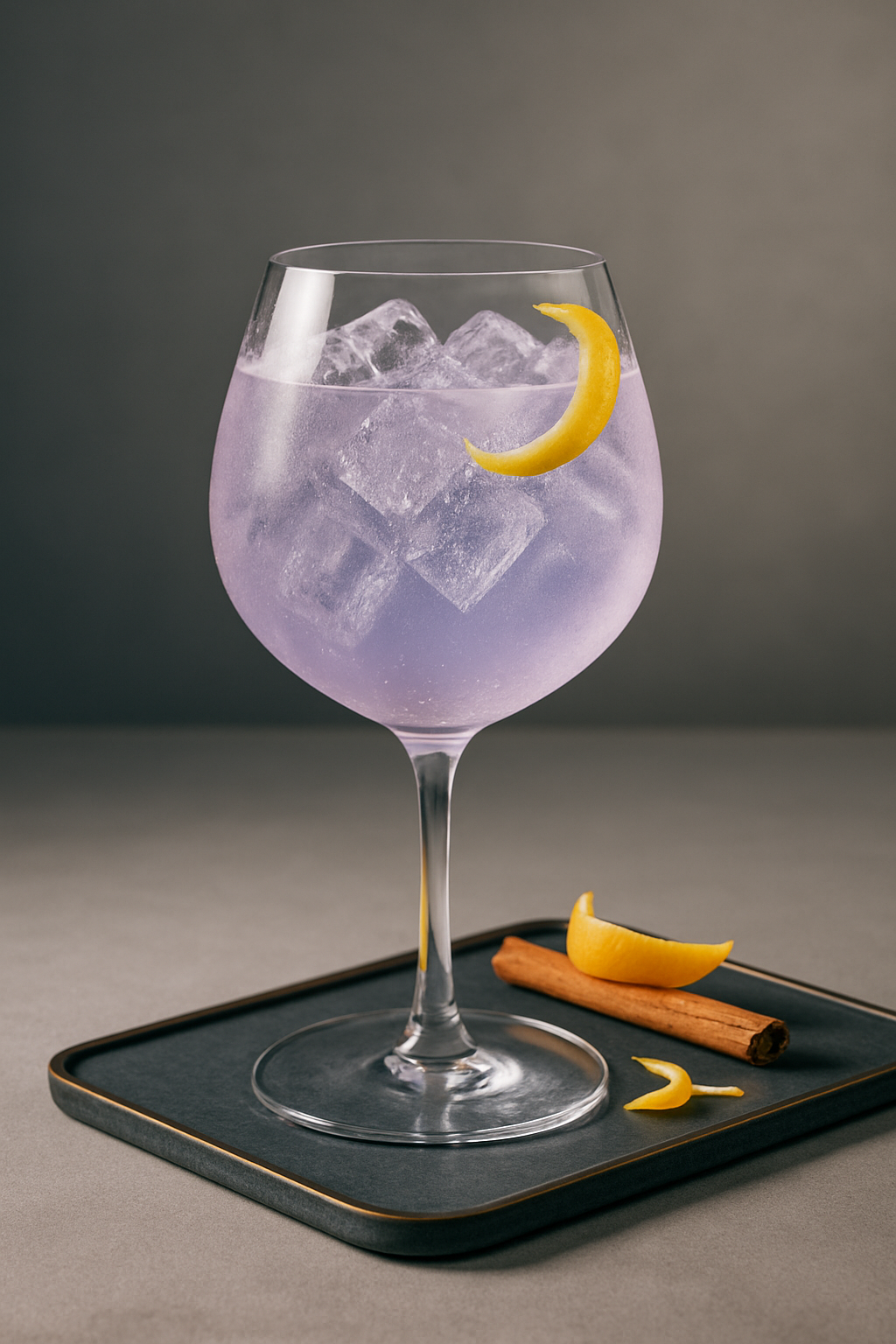 Cin'Kin Gin Violette served with Fentimans Elderflower Tonic Water, garnished with thin slice of lemon peel