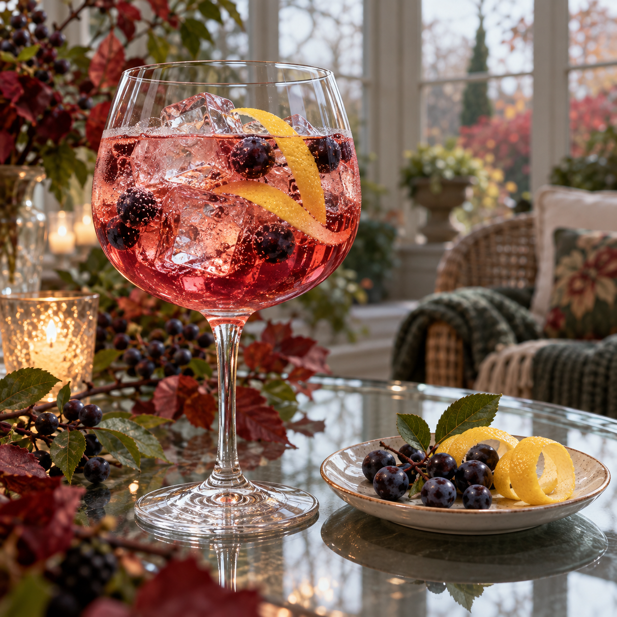 Patient Wolf Blackthorn Sloe Gin served with Fever-Tree Elderflower Tonic Water, garnished with Sloe Berries and Lemon twist