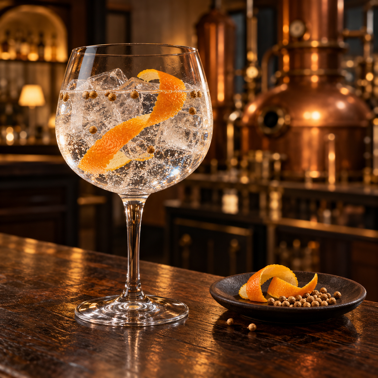 Nosferatu Dead Dry Gin served with Q Drinks Q Indian Tonic Water, garnished with Orange twist and Coriander Seeds