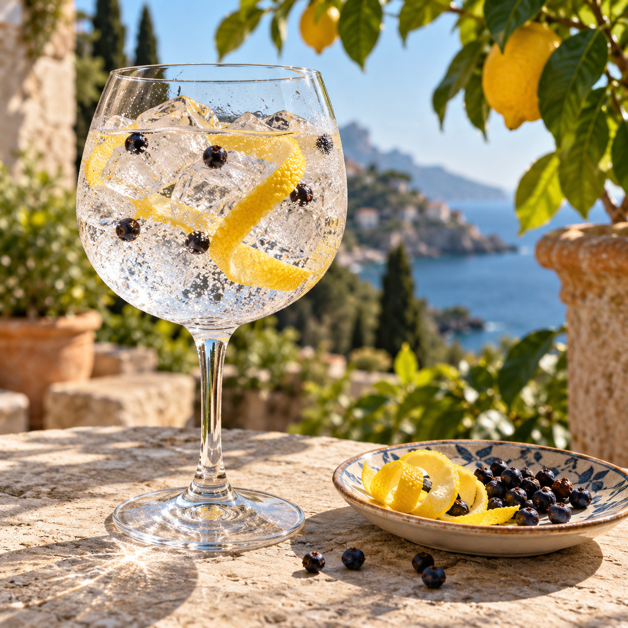 Oliverella Signature Gin served with Fever-Tree Indian Tonic Water, garnished with Lemon Wheel and Juniper Berries