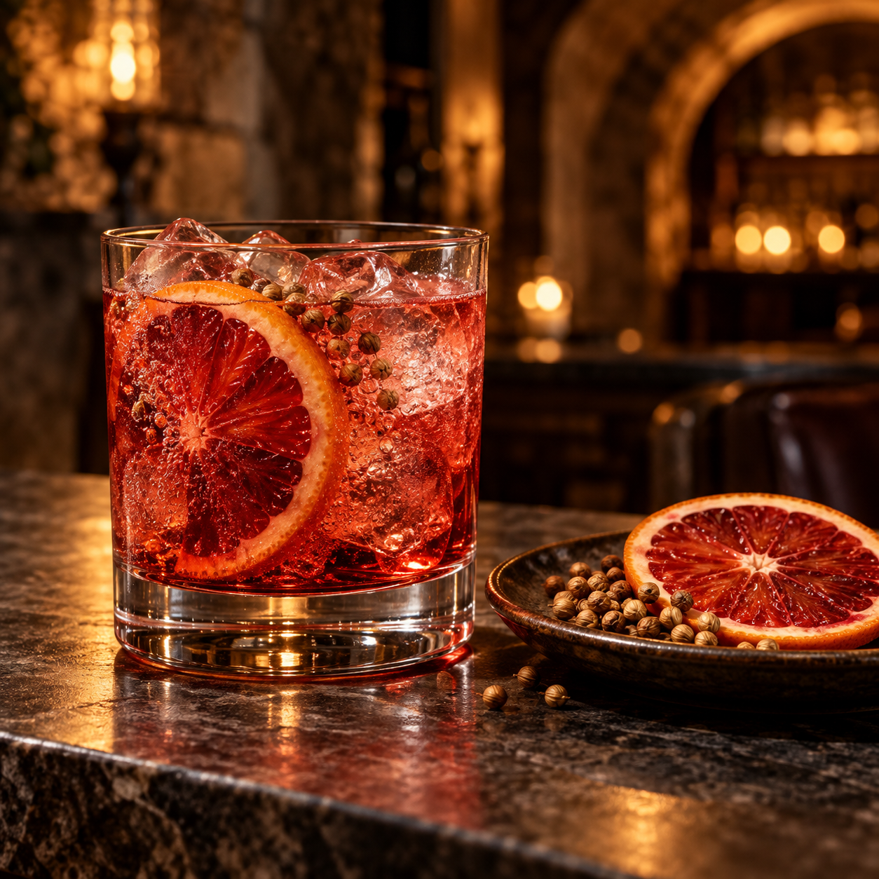 Nosferatu Blood Orange Gin served with Fentimans Pink Grapefruit Tonic Water, garnished with Blood Orange Wheel and Coriander Seeds