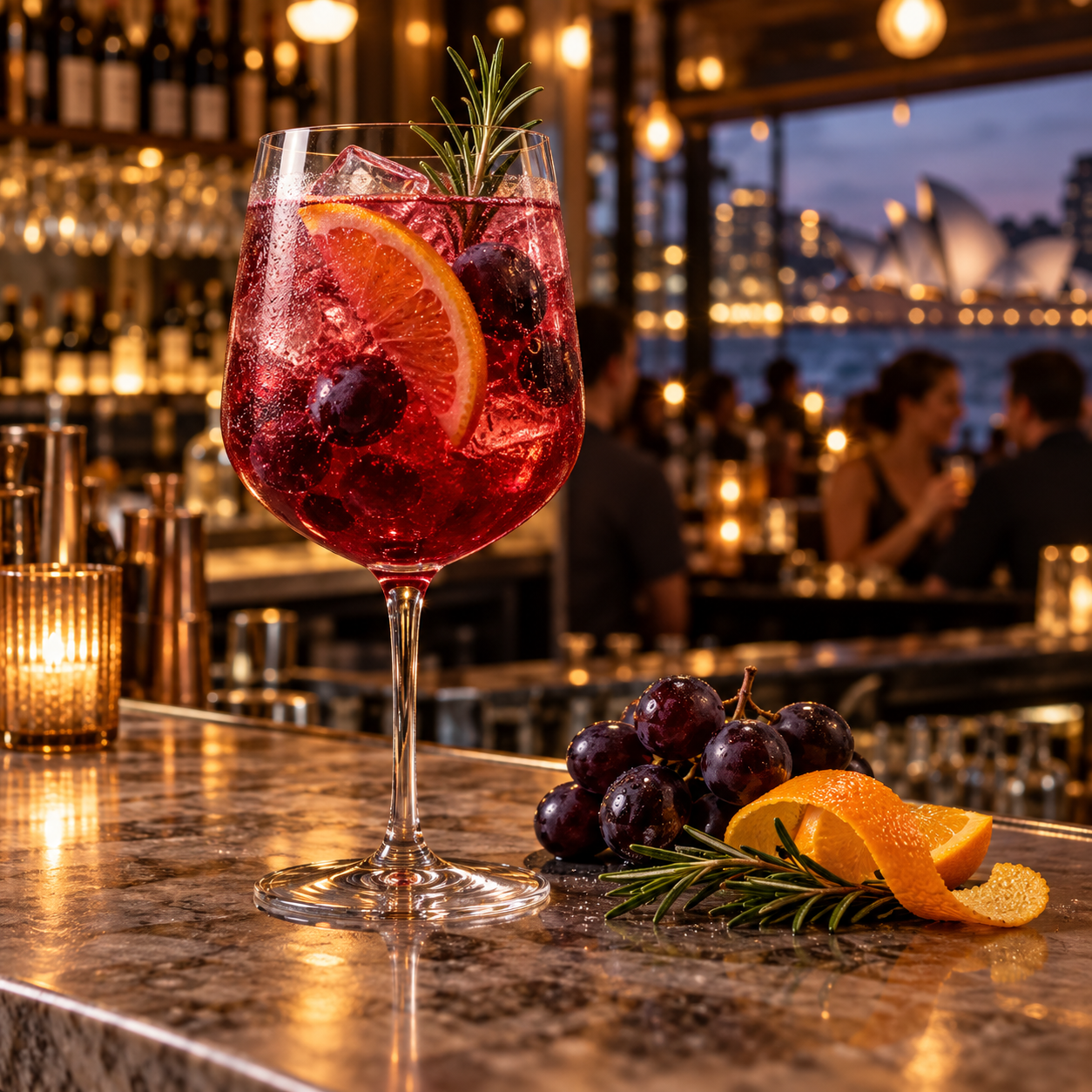 Mary St Shiraz Gin served with Fever-Tree Premium Soda Water, garnished with Shiraz Grapes and Orange Slice