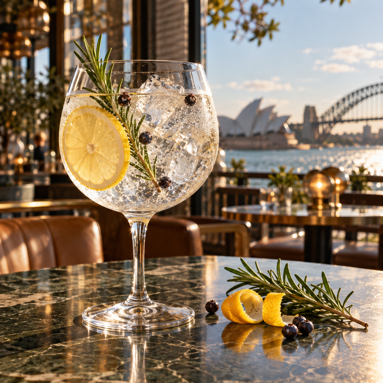 Mary St Sydney Dry Gin served with Fever-Tree Indian Tonic Water, garnished with Lemon Wheel and Rosemary Sprig