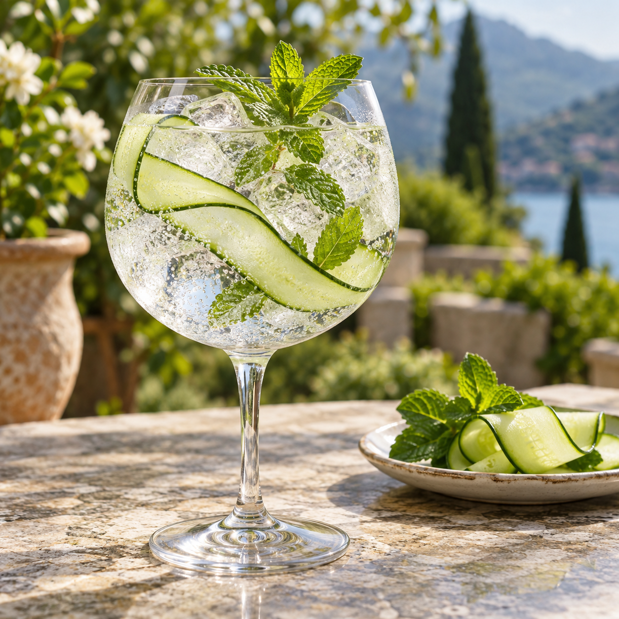 Mandrake Cucumber & Mint Gin served with Fever-Tree Mediterranean Tonic Water, garnished with Cucumber Ribbon and Mint Sprig