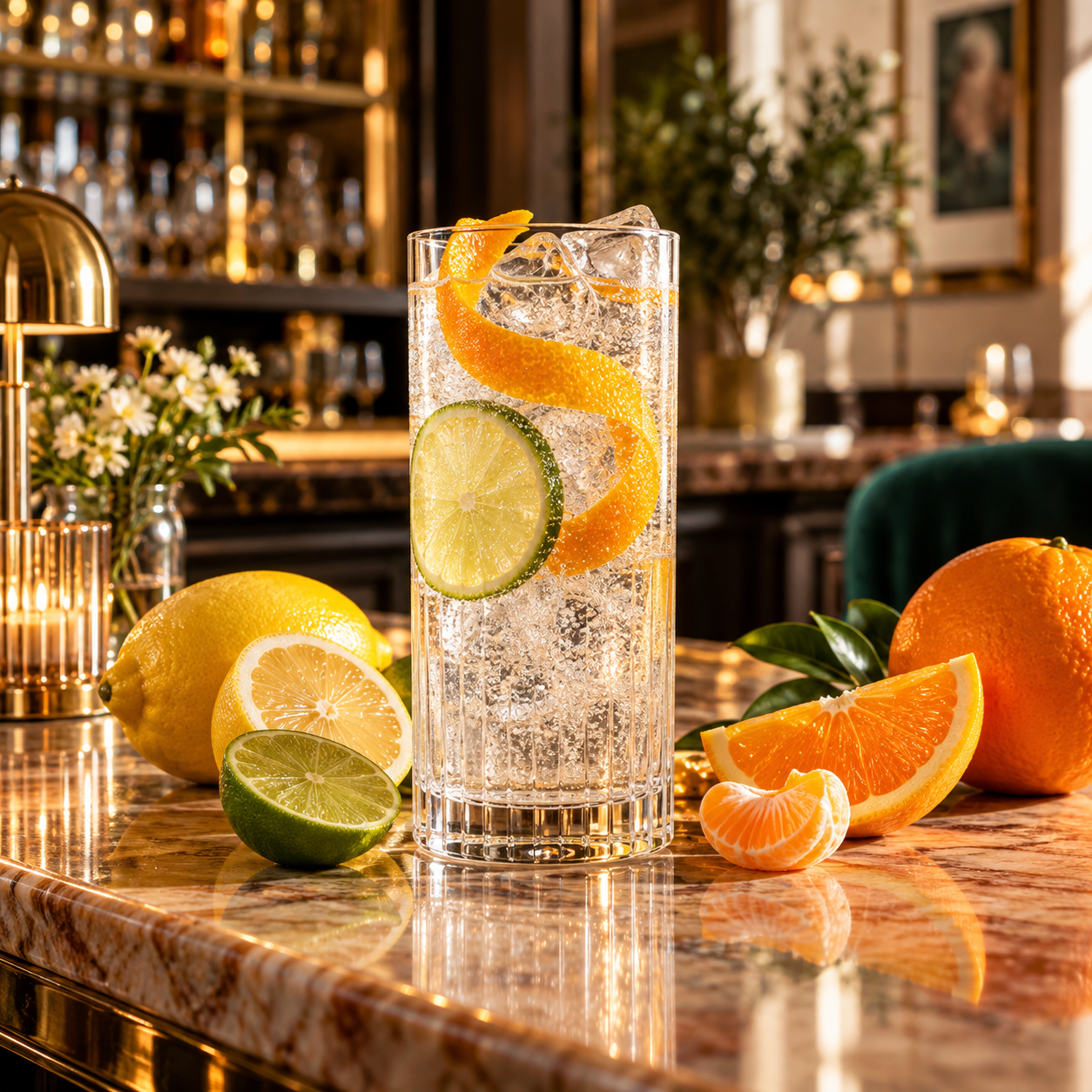 Mary St Citrus Gin served with Fentimans Oriental Yuzu Tonic, garnished with Lemon Wheel and Lime Wheel