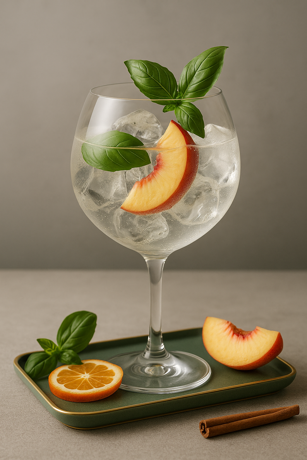 Cin'Kin Gin Peach served with Fentimans Herbal Tonic Water, garnished with Fresh basil leaf, lightly slapped and Thin slice of fresh peach