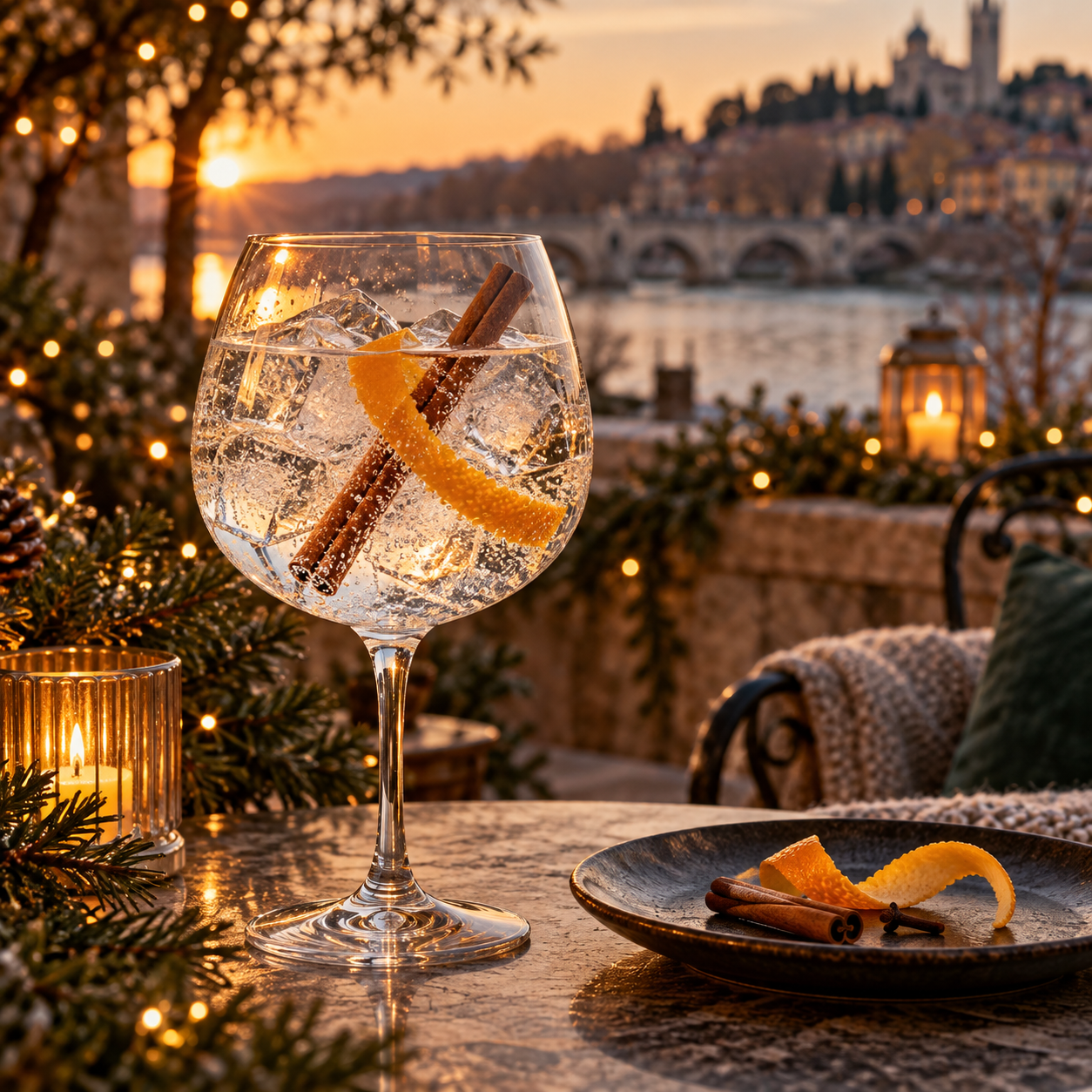 Lône Dry Gin de Noël served with Fever-Tree Indian Tonic Water, garnished with Orange Peel and Cinnamon Stick