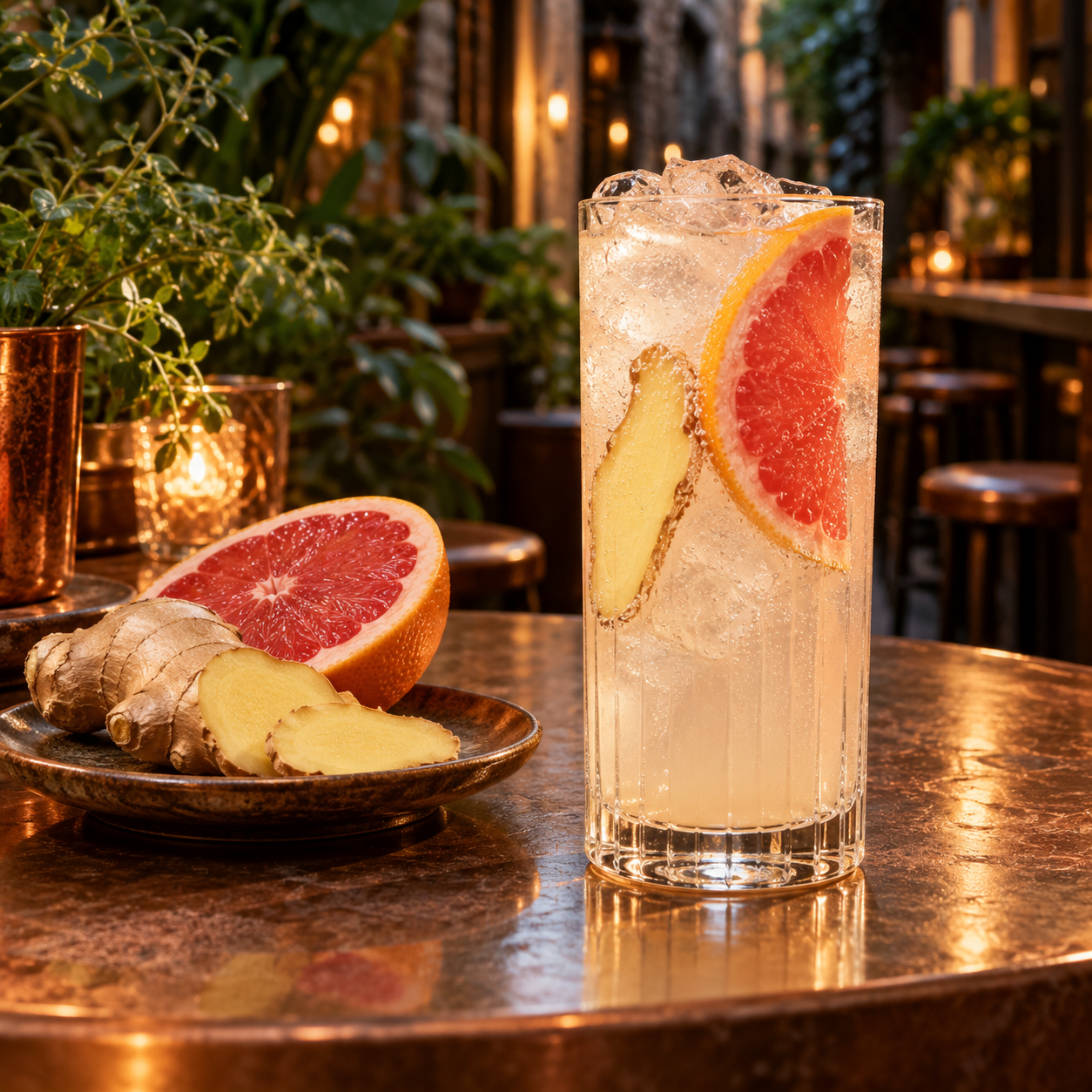 Little Lon Ginger Mick Gin served with East Imperial Yuzu Tonic, garnished with Ruby Grapefruit Wedge and Fresh Ginger Slice