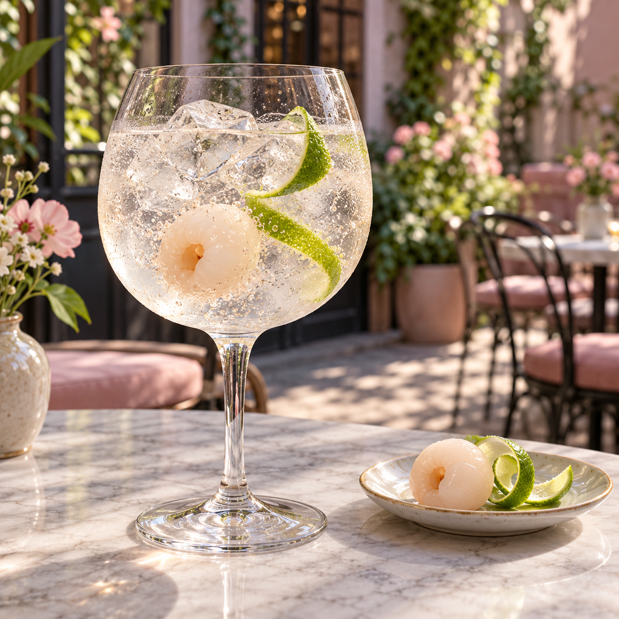 Little Lon Miss Yoko Gin served with Fentimans Oriental Yuzu Tonic, garnished with Lychee and Lime Peel