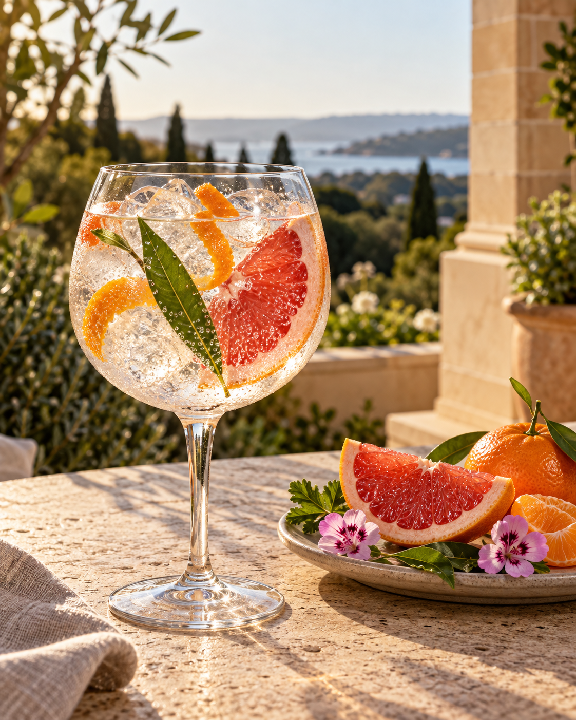 Karu Lightning Gin servi avec Fever-Tree Aromatic Tonic Water, agrémenté de zeste de pamplemousse rose et feuille de myrte citronné