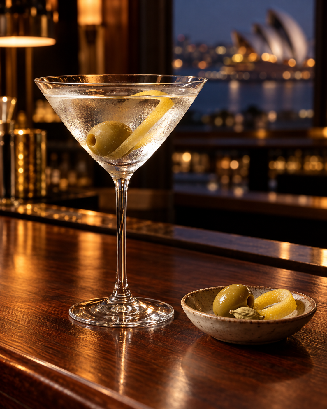 Karu Pourtrait Classic Gin served, garnished with Lemon Peel and Green Olive