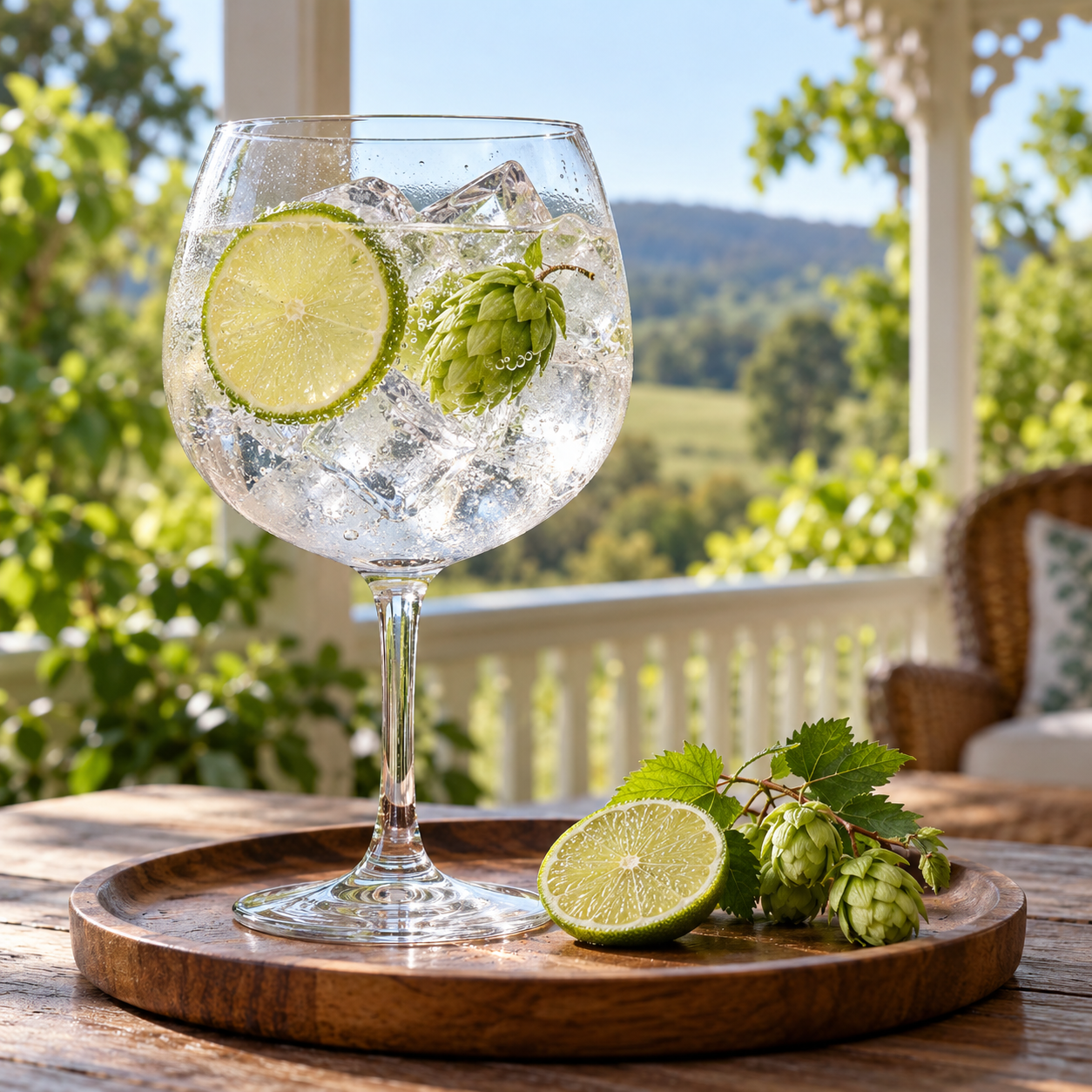 Hurdle Creek Still Yardarm Distilled Gin servi avec Franklin & Sons Premium Indian Tonic Water, agrémenté de rondelle de citron vert et fleur de houblon