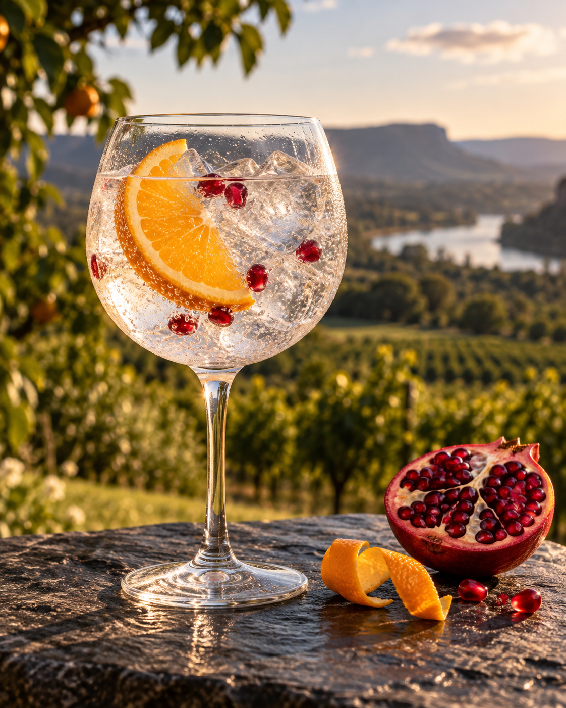 Karu Affinity Gin served with Fever-Tree Mediterranean Tonic Water, garnished with Orange Wheel and Pomegranate Seeds