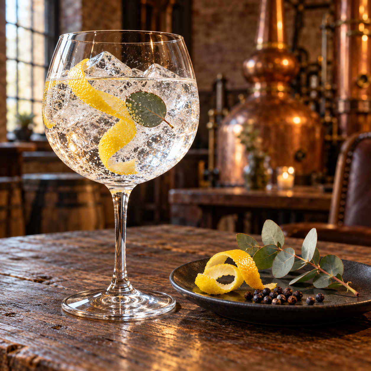 Hurdle Creek Still Powder Monkey Gin servi avec Thomas Henry Dry Tonic, agrémenté de rondelle de citron et eucalyptus feuille