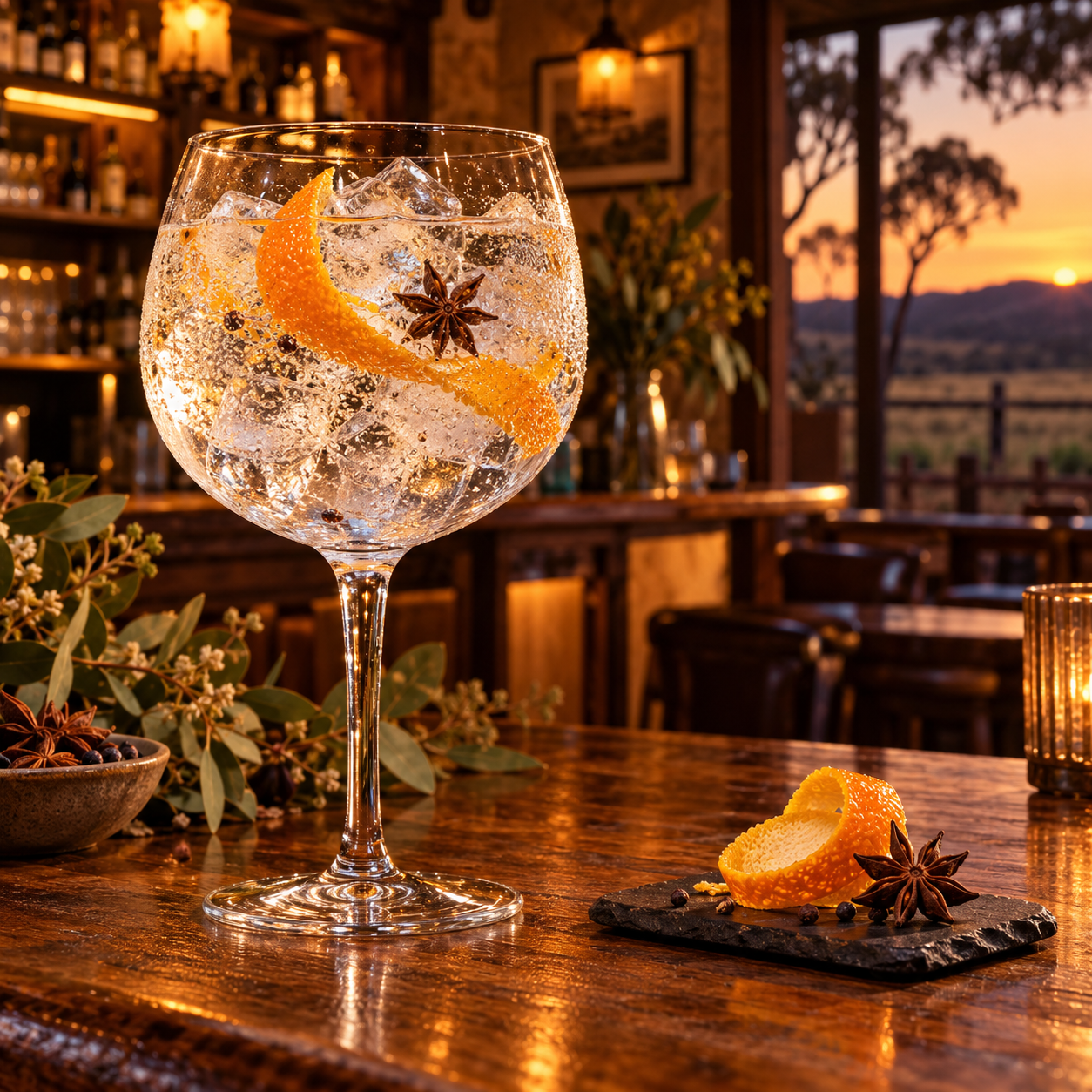 Hurdle Creek Still Aniseed Gin servi avec Fentimans Valencian Orange Tonic Water, agrémenté de zeste d'orange et anis étoilé