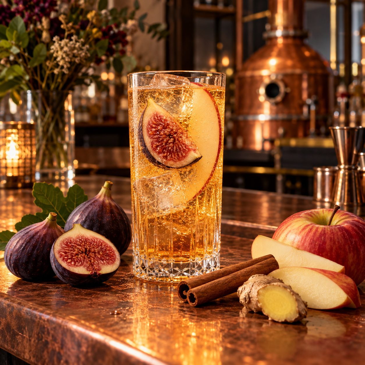 Ginny Pig Spiced Fig Gin servi avec Fever-Tree Ginger Ale, agrémenté de tranche de pomme et figue fraîche